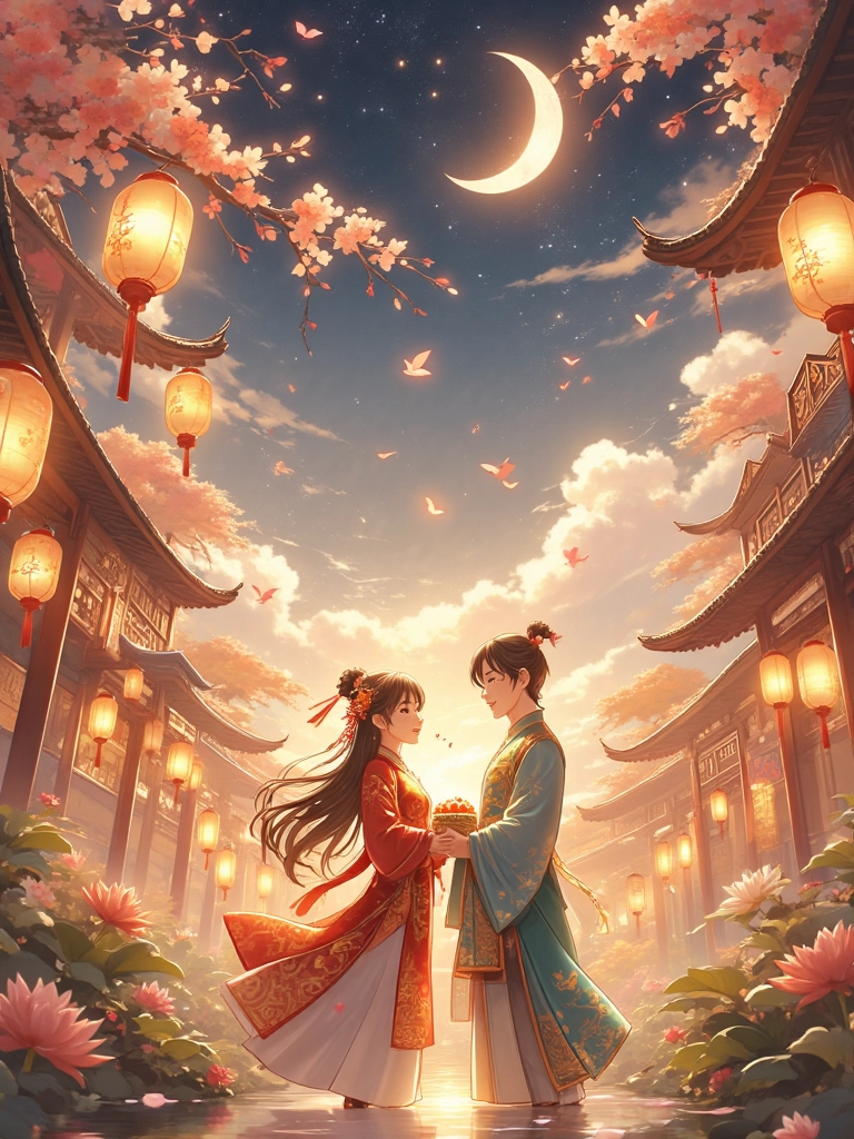 Illustration of China's Qixi Festival, showing the Cowherd and Weaver Girl stars, traditional customs like threading needles and eating Qiao cakes, with Chinese characters, pinyin, and English translations for learners.