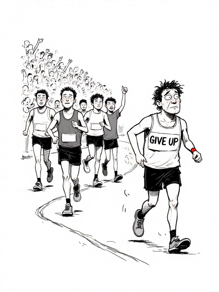 Illustration of the Chinese idiom 半途而废 (Bàn Tú Ér Fèi), showing a scholar stopped midway in his studies, ideal for Mandarin learners exploring idioms about perseverance.