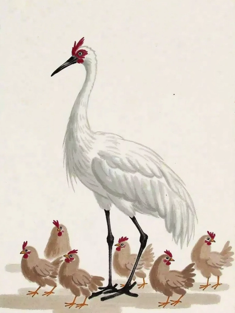 Illustration of a graceful crane standing among ordinary chickens in a meadow, representing the Chinese idiom 鹤立鸡群 (Hè Lì Jī Qún), meaning someone who stands out from the crowd.