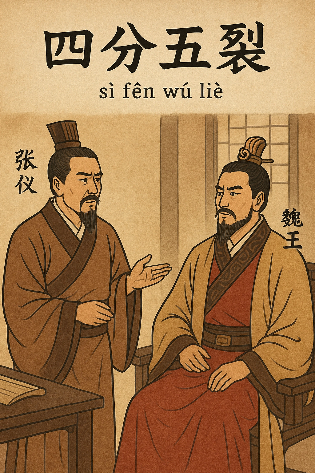 Illustration of seven Warring States, with Qin separated from the others, symbolizing the Chinese idiom 四分五裂 (sì fēn wǔ liè), meaning fragmented or divided.