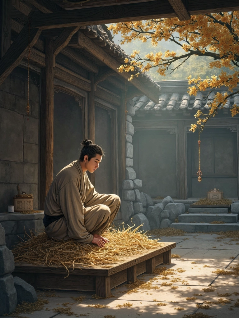 King Goujian of Yue sleeping on firewood and tasting bitter gall, symbolizing patience and determination.