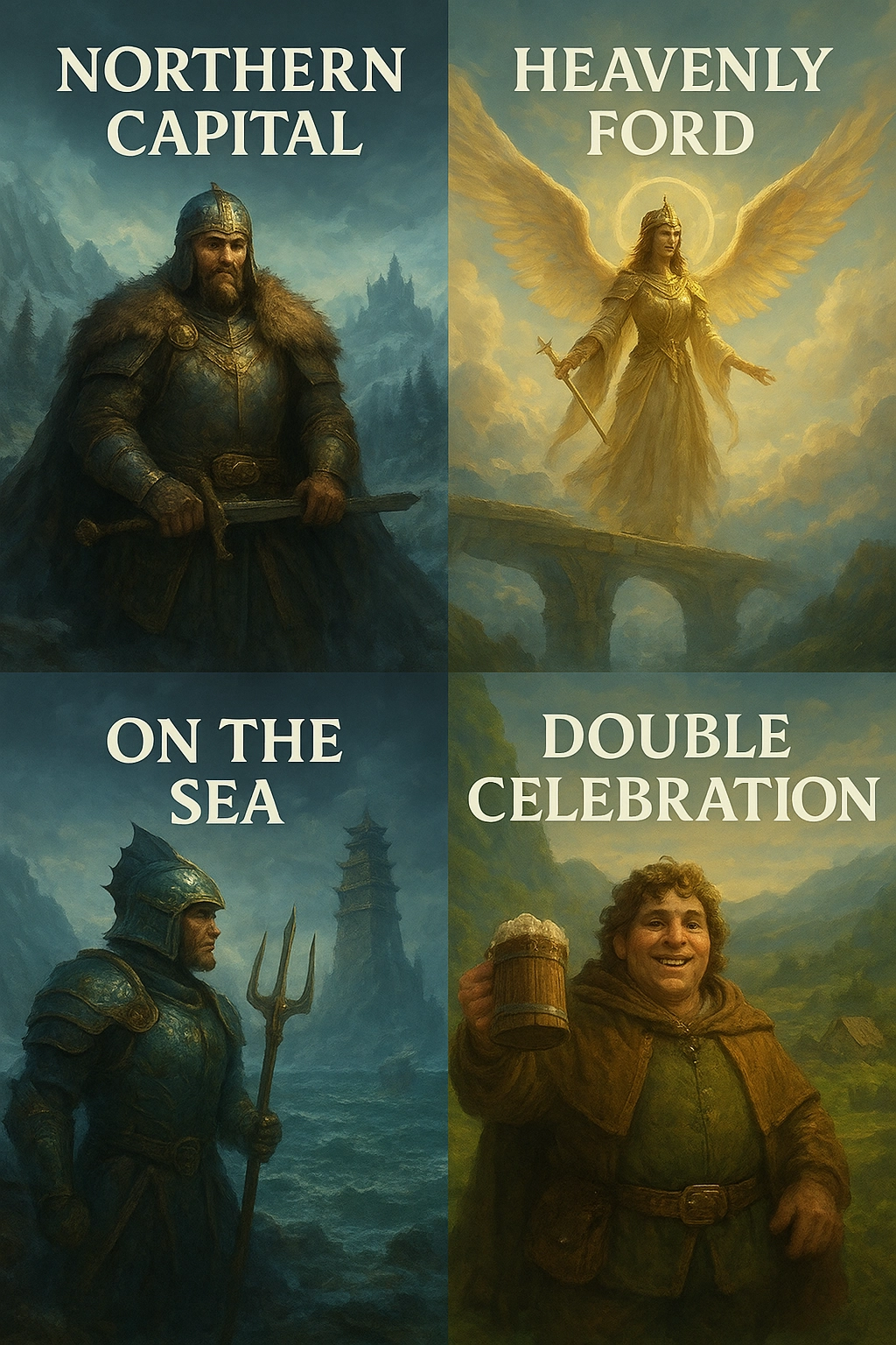 Fantasy illustration of China’s four major municipalities reimagined as RPG races: Beijing as the “Northern Capital” fortress in icy lands with resilient humans; Tianjin as the “Heavenly Ford,” a floating sky city of divine beings; Shanghai as “On the Sea,” a maritime metropolis mastering both land and water; and Chongqing as “Double Celebration,” a mountainous river city of joyful hobbit-like villagers.