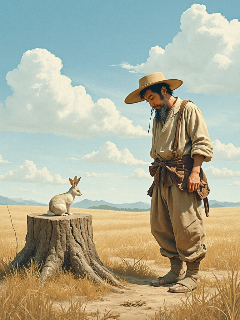 Illustration of a lazy farmer waiting by a tree stump, hoping a rabbit will run into it.