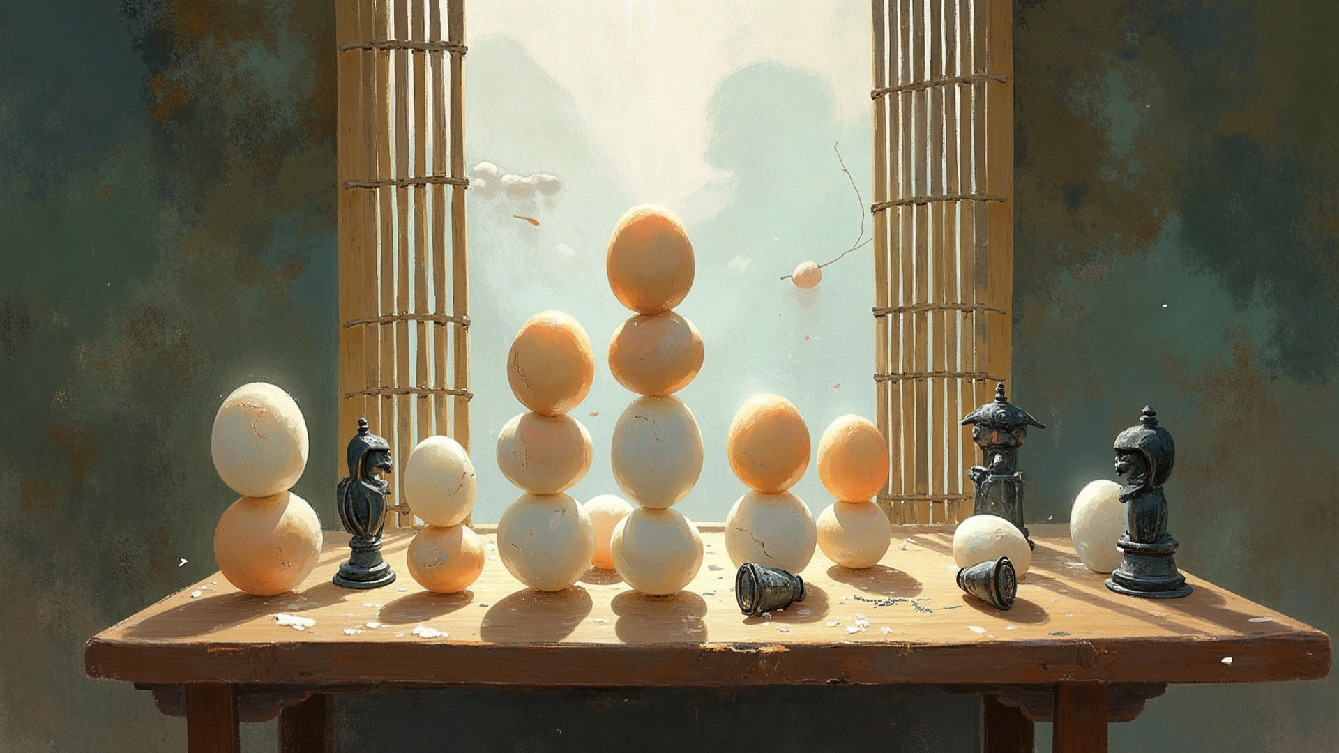 An illustration depicting the Chinese idiom 事危累卵 (shì wēi lèi luǎn), showing Duke Ling of Jin’s precarious position symbolized by eggs stacked on chess pieces, with minister Xun Xi demonstrating the danger, representing a situation as unstable and liable to collapse at any moment.