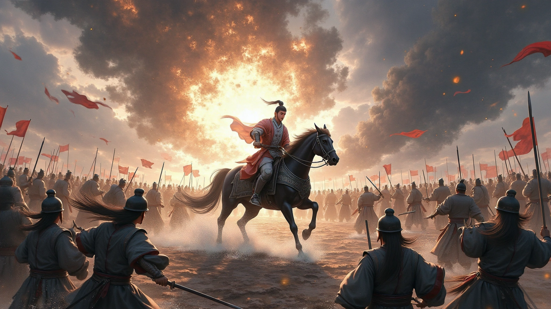 An illustration representing the Chinese idiom 危在旦夕 (wēi zài dàn xī), showing Kong Rong’s troops surrounded by rebels with Taishi Ci urgently reporting the imminent danger to Liu Bei, symbolizing a situation where danger is immediate and urgent action is required.