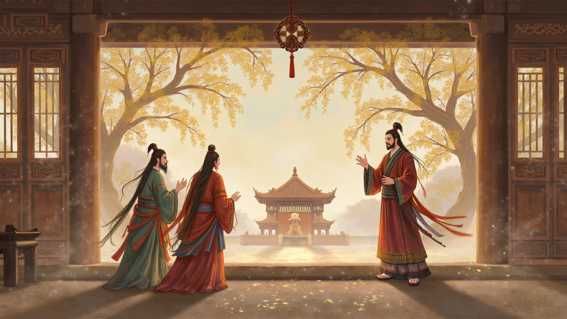 An illustration of the Chinese idiom 危言耸听 (wēi yán sǒng tīng), depicting Gu Kaizhi, Huan Xuan, and Yin Zhongkan exchanging exaggerated sayings, such as cooking millet on spear tips, an old man clinging to a withered branch, and a baby lying on a well’s wheel, symbolizing alarming words meant to shock listeners.