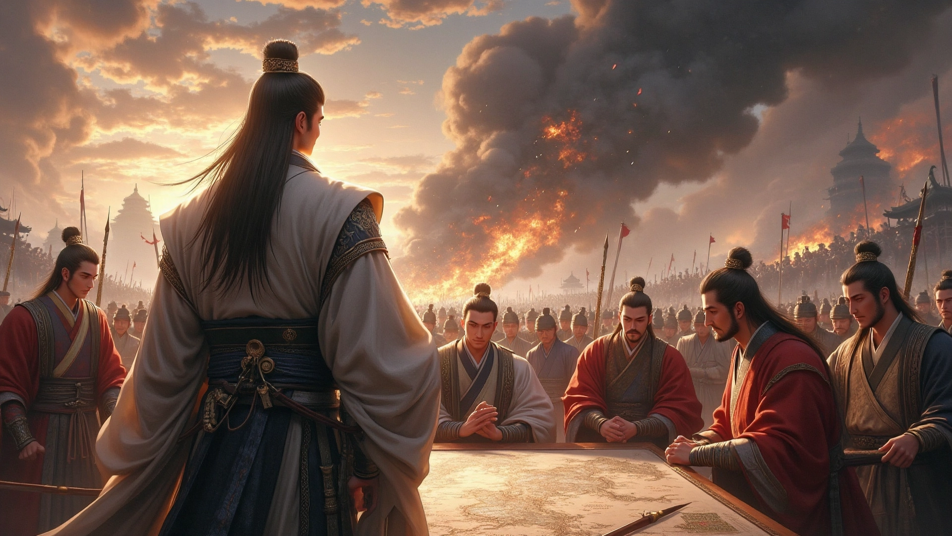 An illustration of the Chinese idiom 言过其实 (yán guò qí shí), showing Shu general Ma Su at Jieting confidently lecturing on military theory but ignoring practical strategy, leading to defeat. Zhuge Liang, saddened, later executes Ma Su for his exaggerated words and failure, symbolizing the danger of overstating abilities.