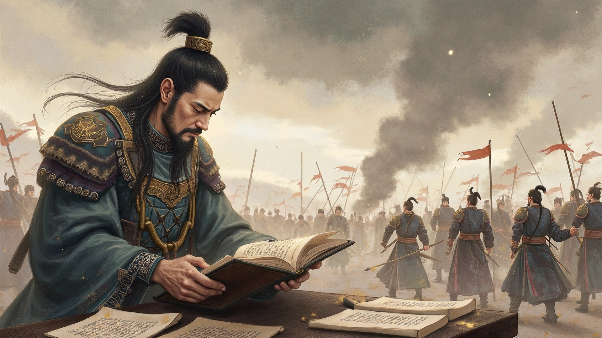 An illustration of the Chinese idiom 纸上谈兵 (zhǐ shàng tán bīng), showing Zhao Kuo confidently studying military books and giving commands based on theory, while the Zhao army suffers defeat in the Battle of Changping. Nearby, the experienced general Lian Po is shown as the wiser alternative, symbolizing the danger of relying only on paper knowledge without real-world experience.