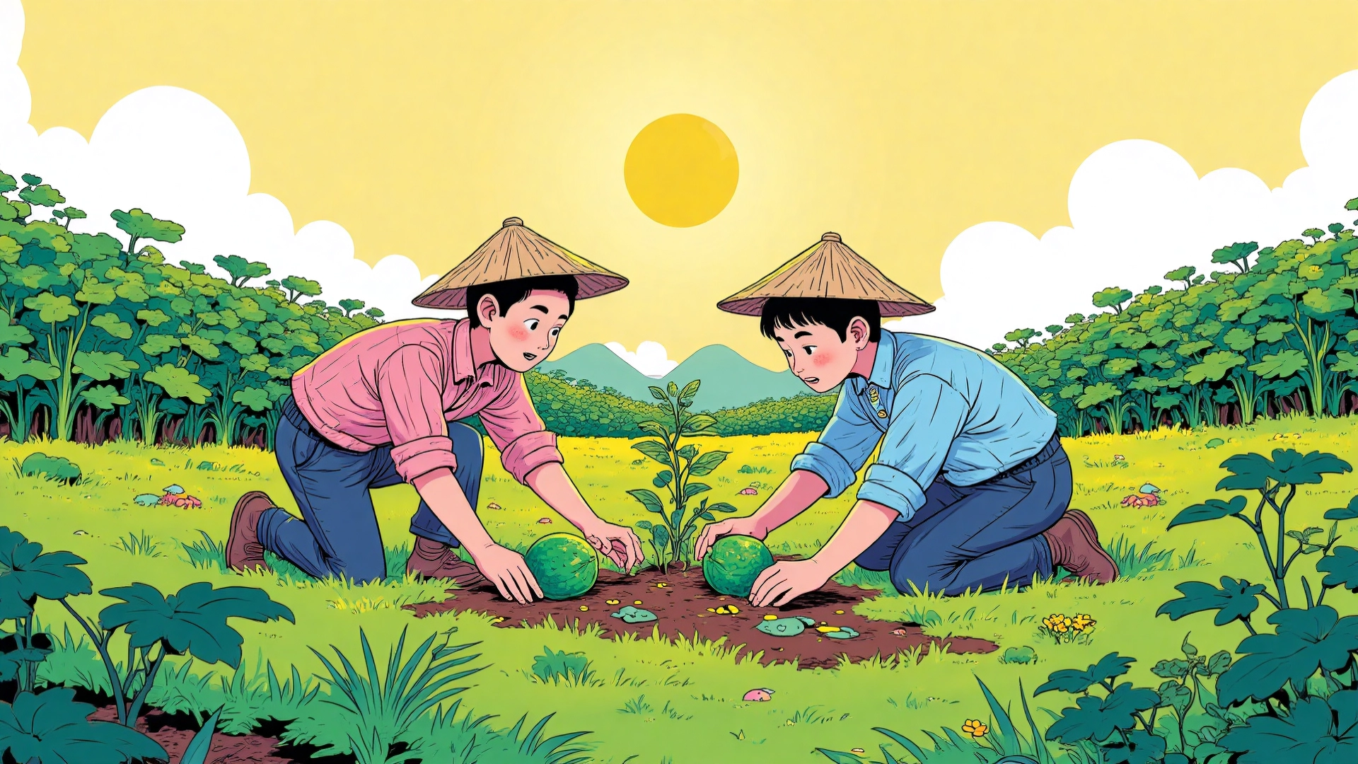 “Chinese proverb ‘种瓜得瓜，种豆得豆’ in brush calligraphy, overlaid on a rustic farm or garden scene, symbolizing cause and effect in life.”