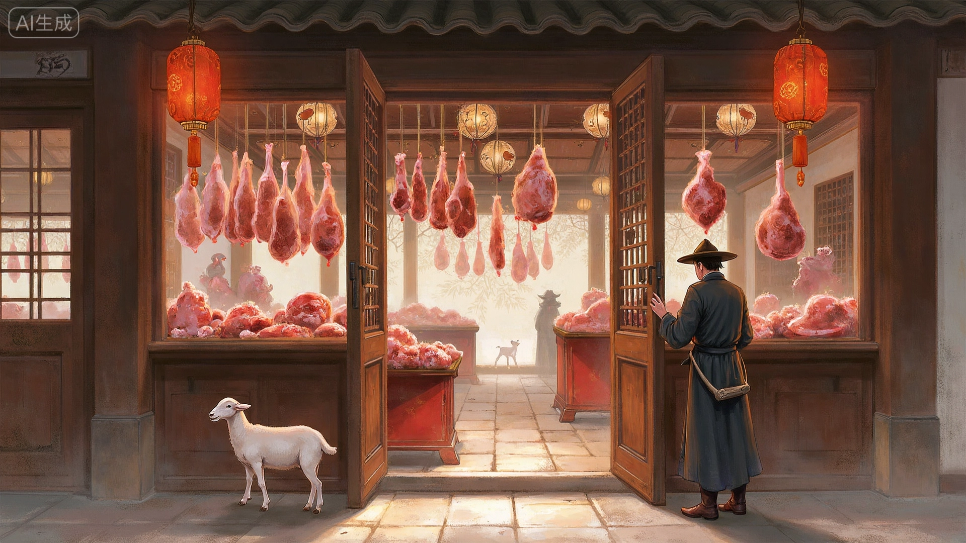 “Chinese proverb ‘挂羊头，卖狗肉’ in bold calligraphy, with a sheep’s head sign above a stall secretly selling dog meat — symbolizing false advertising.”