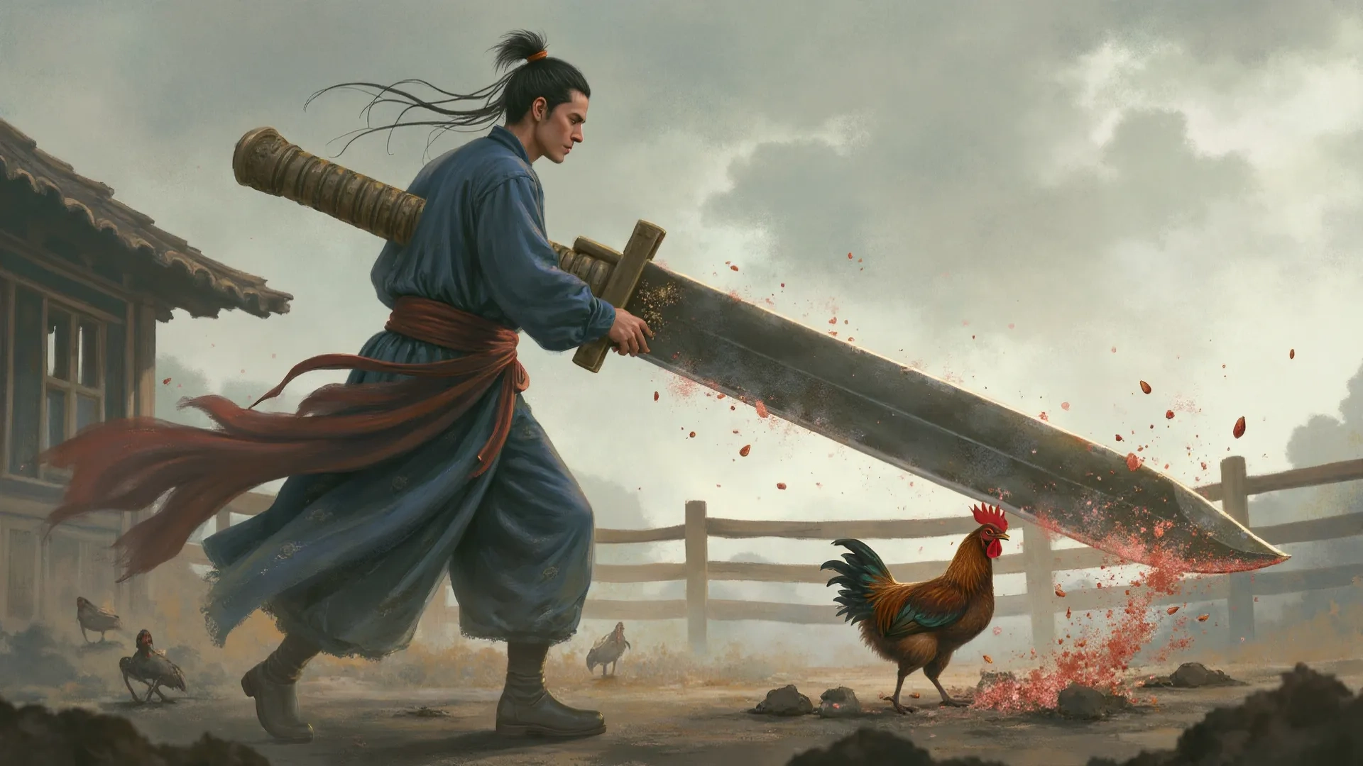 An educational graphic featuring the Chinese proverb 杀鸡用牛刀 (shā jī yòng niú dāo), meaning “using a butcher’s knife to kill a chicken,” with pinyin, English equivalents such as “using a sledgehammer to crack a nut,” and an explanation that it warns against overkill or using excessive force for small problems.