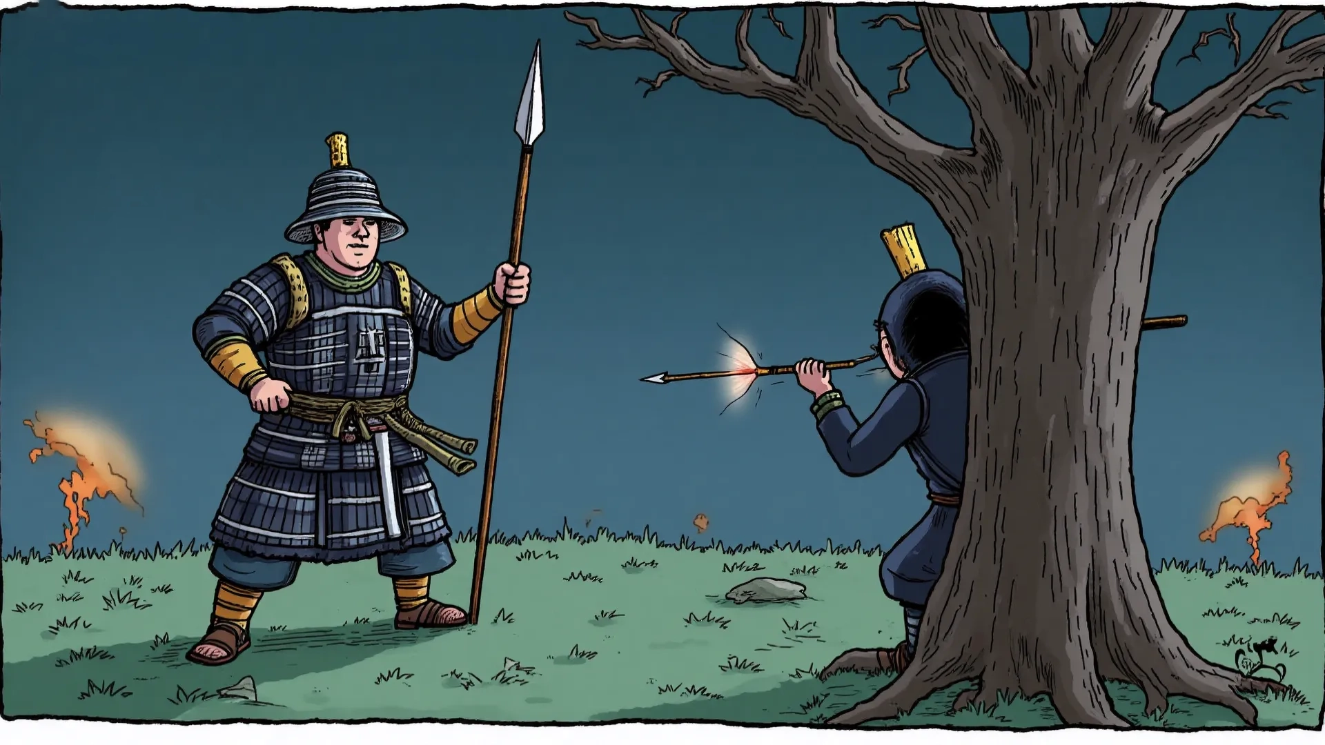 An educational visual featuring the Chinese proverb 明枪易躲，暗箭难防 (míng qiāng yì duǒ, àn jiàn nán fáng), with pinyin and English equivalents like “Better an open enemy than a false friend,” illustrating that open attacks are easier to defend against while hidden threats or betrayals are more dangerous, emphasizing caution against deceit.