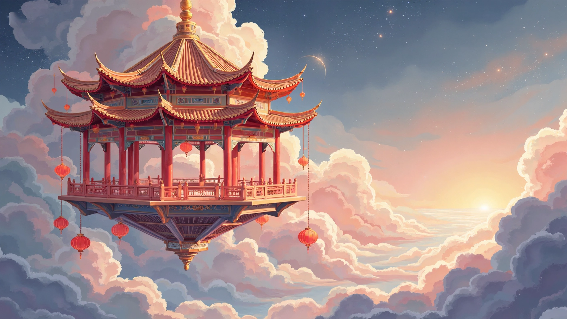 An educational visual illustrating the Chinese idiom 空中楼阁 (kōng zhōng lóu gé), meaning “a building in the air,” explaining its literal and extended meaning of unrealistic ideas or things built on shaky foundations, featuring the story of a wealthy man trying to construct only the third floor of a building, with pinyin and English translations for learning purposes.