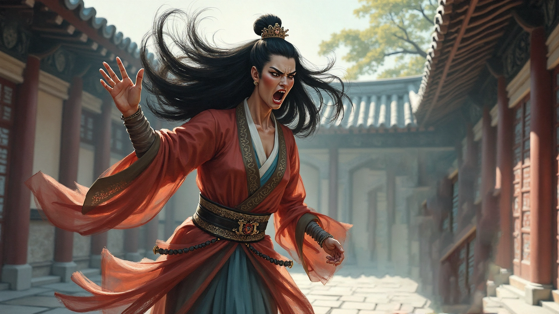 An educational visual depicting the Chinese idiom 河东狮吼 (hé dōng shī hǒu), literally “the roar of the lion from Hedong,” illustrating its meaning of a fiercely jealous wife who scolds her husband loudly, featuring the story of Chen Jichang and his wife Liu, with pinyin and English translations for learners.