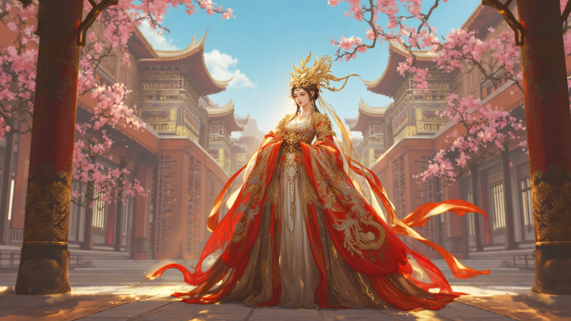 An educational visual showing a bride wearing the Fengguan Xiapi (凤冠霞披), highlighting the phoenix coronet, red embroidered silk robe, gold and silver thread decorations, pearls, and gemstones, emphasizing cultural heritage, nobility, auspicious symbolism, and traditional Chinese wedding elegance.