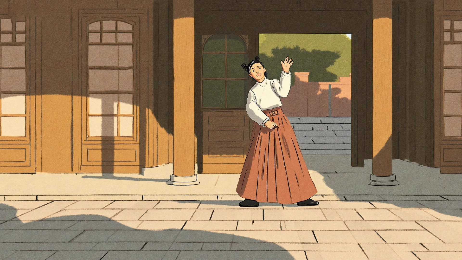 An educational visual depicting Xishi, one of China’s Four Great Beauties, holding her chest and frowning while washing clothes by the river during the Spring and Autumn period, illustrating how her natural elegance and charm made even expressions of discomfort appear beautiful, inspiring the idiom 东施效颦 (dōng shī xiào pín).