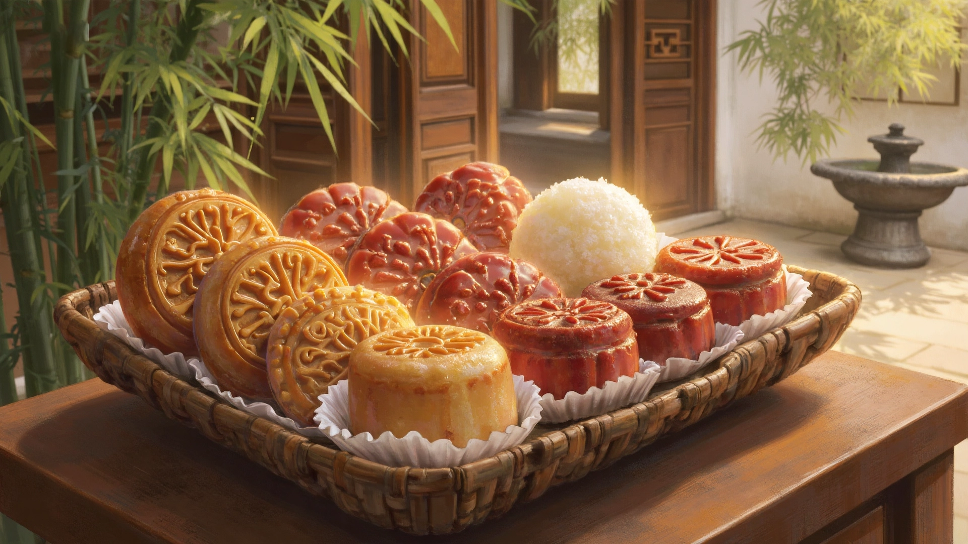 Assortment of traditional Chinese desserts including Tangyuan, Mooncakes, Niangao, red bean sweets, and sesame treats, showcasing cultural symbolism, festive flavors, and regional specialties.