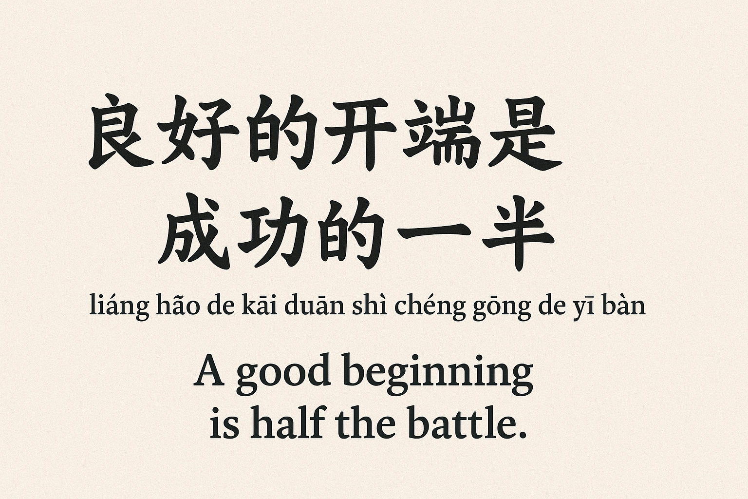 Chinese proverb 良好的开端是成功的一半 with pinyin and English translation “A good beginning is half the battle.”