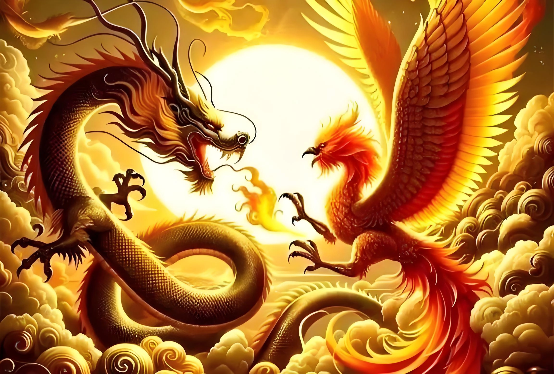 Traditional Chinese dragon (龙, lóng) and phoenix (凤, fèng) motifs, symbolizing harmony, prosperity, and auspiciousness, featured in art, embroidery, and cultural decorations.