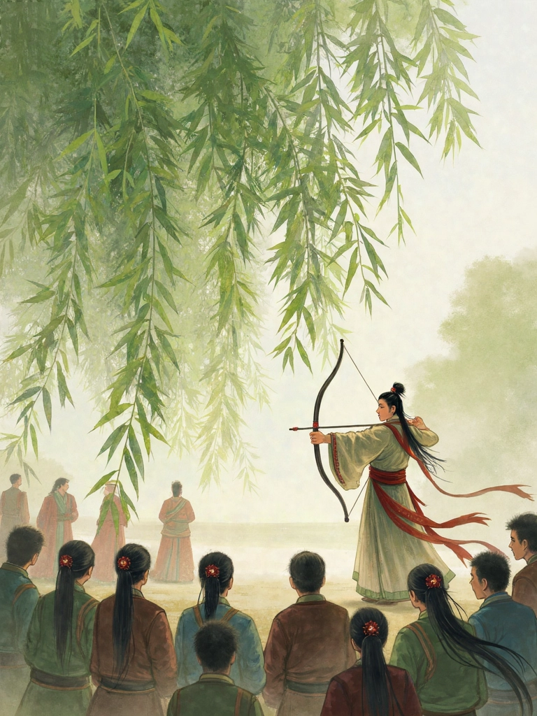 Illustration of the Chinese idiom 百步穿杨, showing Yang Youji piercing a willow leaf with an arrow, symbolizing precision and mastery.