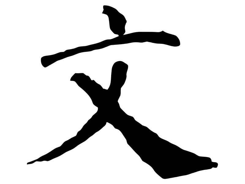 Illustration of the Chinese character 文 (wén, culture/writing) depicted with ancient scrolls, books, a scholar writing with a brush, and symbolic patterns of civilization, representing writing, literature, culture, education, and intellectual refinement in Chinese language and culture.