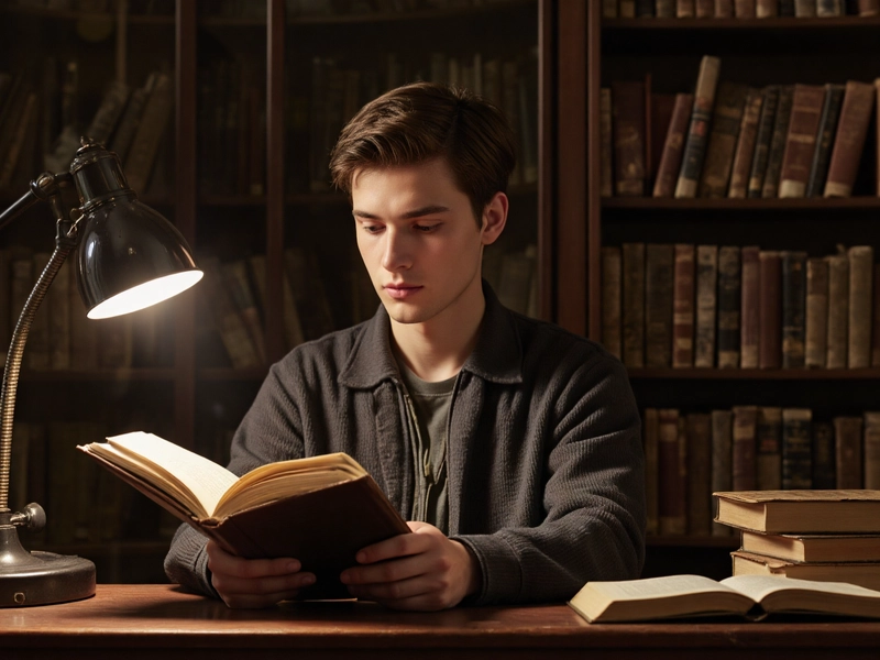 Illustration of the Chinese idiom 手不释卷 (shǒu bù shì juàn, unable to put down the book), depicting Lü Meng reading diligently with books in hand, ancient Three Kingdoms-era setting, scrolls and texts around him, symbolizing dedication to study, intellectual cultivation, and cultural emphasis on learning in Chinese history.