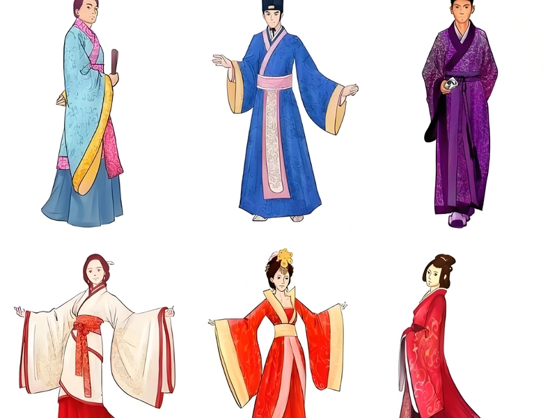 Illustration showcasing traditional Chinese clothing across dynasties and ethnic minorities: Hanfu from the Han dynasty with wide sleeves and layered garments, Tang dynasty robes with elaborate embroidery, Song dynasty elegant attire, Ming dynasty cross-collared tops and long skirts, Qing dynasty qipao and Tangzhuang jackets, along with Dai, Tibetan, Uyghur, and Zhuang ethnic outfits. Modern revival styles and contemporary fashion blending traditional Chinese dress with Western, Japanese, and Korean influences are also represented, highlighting cultural heritage, historical aesthetics, and global fashion fusion.
