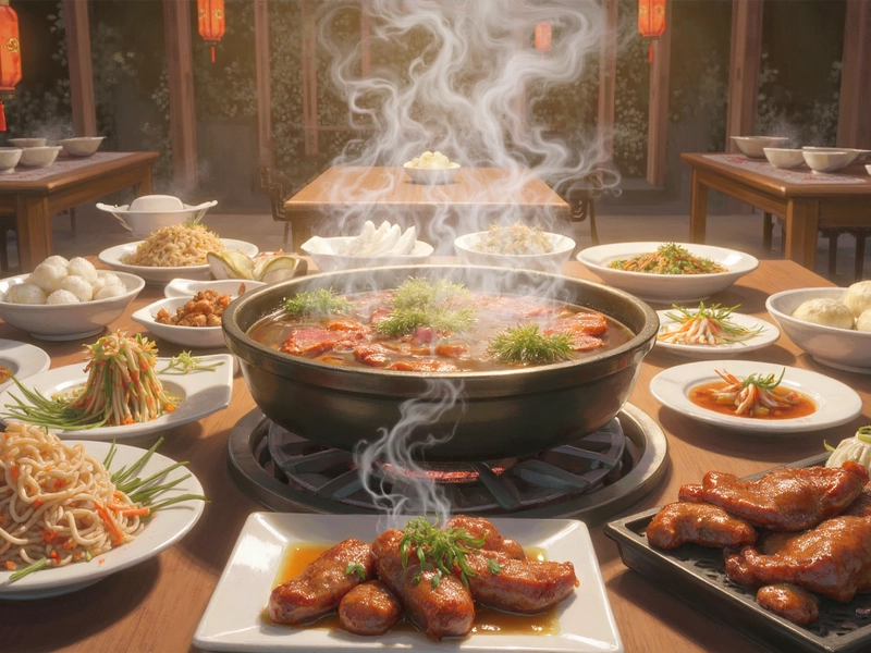 Colorful illustration showcasing the diversity of Chinese cuisine, from traditional dishes to modern culinary trends. Depicts iconic foods such as dumplings (饺子, jiǎozi), Peking duck (北京烤鸭, běijīng kǎoyā), mapo tofu (麻婆豆腐, mápó dòufu), dim sum (点心, diǎnxīn), hot pot (火锅, huǒguō), and spring rolls (春卷, chūnjuǎn). Highlights regional specialties from Sichuan, Guangdong, Hunan, and Northern China, street food snacks, buffet-style dining, and contemporary fusion influenced by Western, Japanese, and Korean trends. Includes elements representing cultural heritage, flavors, and culinary history of China.