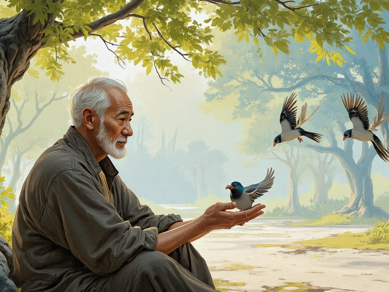 Illustration of the Chinese proverb 双鸟在林，不如一鸟在手 (shuāng niǎo zài lín, bù rú yī niǎo zài shǒu), meaning 'Two birds in the forest are not as good as one bird in hand.' Shows a person holding one bird securely while two other birds fly in the distance, symbolizing certainty versus uncertainty. Represents Chinese idioms about decision making, practical wisdom, and valuing what you already have, with English equivalents like 'A bird in the hand is worth two in the bush' and 'Better safe than sorry.'