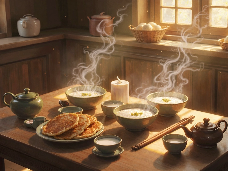 Illustration of 12 popular Chinese breakfast foods arranged on a table, including youtiao (fried dough sticks), baozi (steamed buns), congee (rice porridge), jianbing (Chinese crepes), dumplings, mantou (steamed bread), roujiamo (Chinese meat sandwich), rice noodles (mifen), tea eggs, and zongzi (sticky rice dumplings). Shows a colorful and diverse spread representing regional breakfast differences across northern, southern, and western China, highlighting traditional Chinese breakfast culture and modern variations.