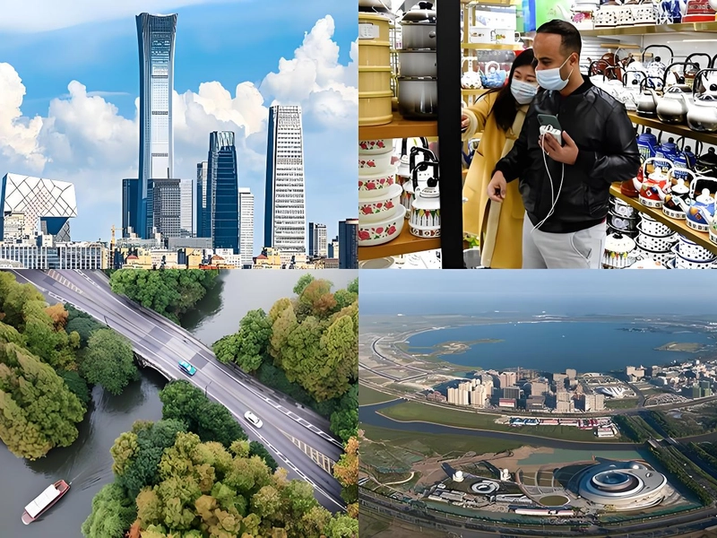 A collage of China’s top 12 most populous cities, including Beijing, Shanghai, Guangzhou, and Shenzhen, showcasing modern skyscrapers, historical landmarks, and bustling urban life.