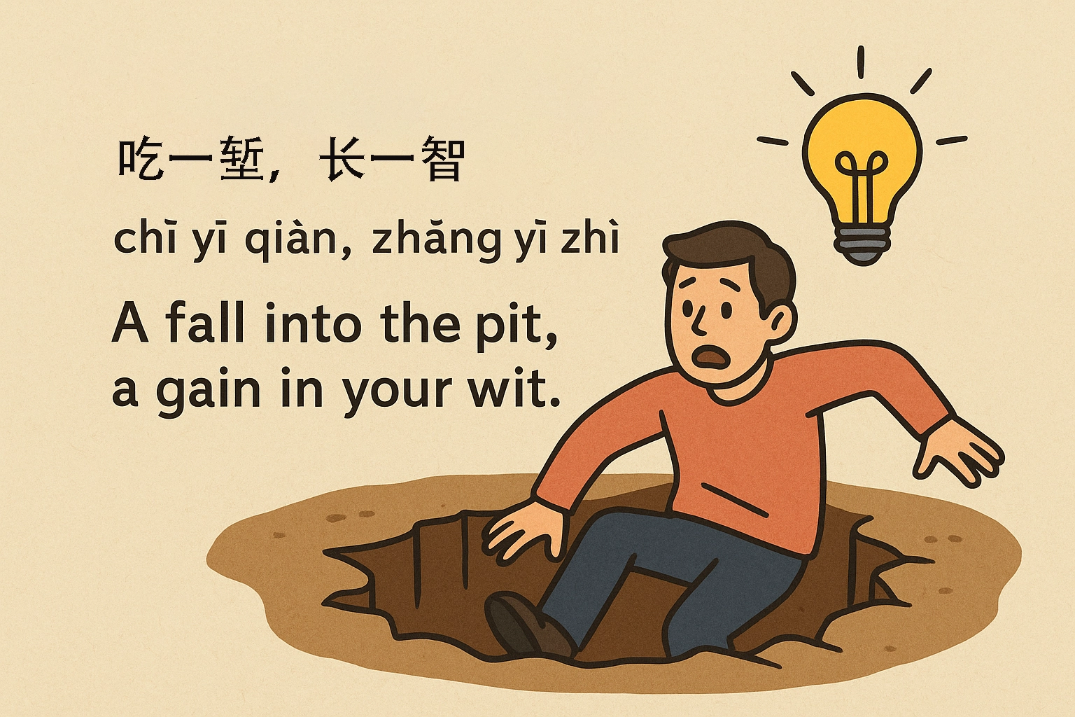 Chinese proverb 吃一堑，长一智 with pinyin chī yī qiàn, zhǎng yī zhì, meaning “learn from your mistakes,” illustrated by someone climbing out of a pit stronger and wiser.
