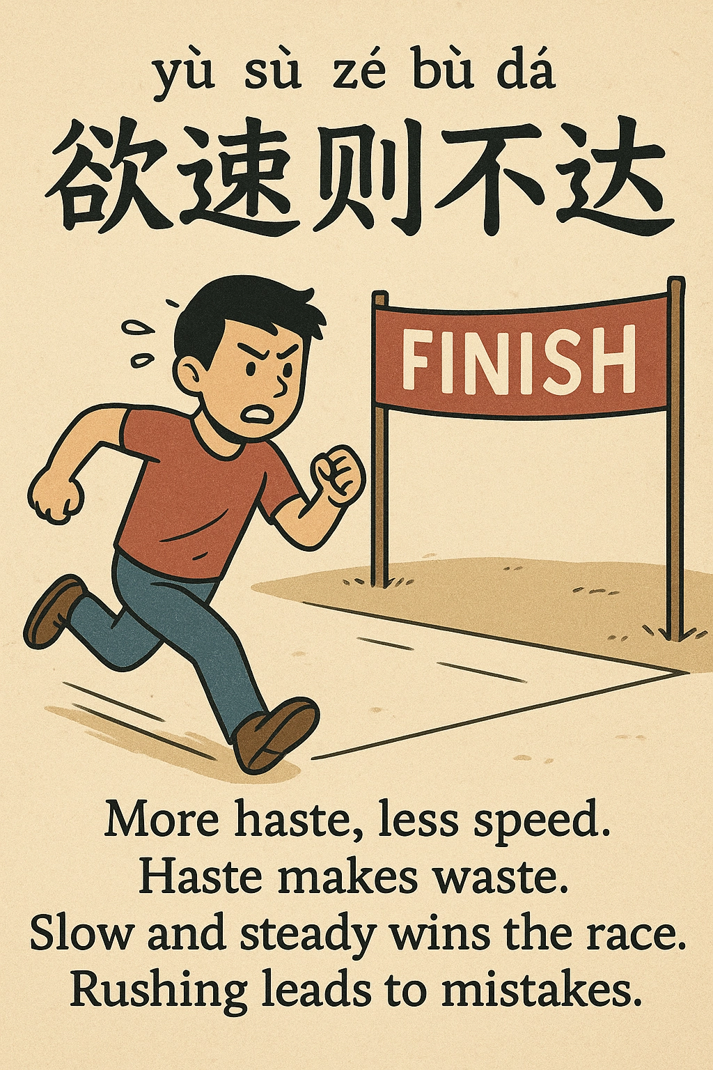 Chinese proverb 欲速则不达 with pinyin yù sù zé bù dá, meaning “more haste, less speed,” illustrated by someone rushing and making mistakes.
