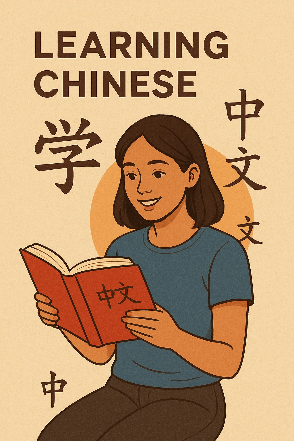 International student exploring Chinese language and culture, studying characters with textbooks and calligraphy tools