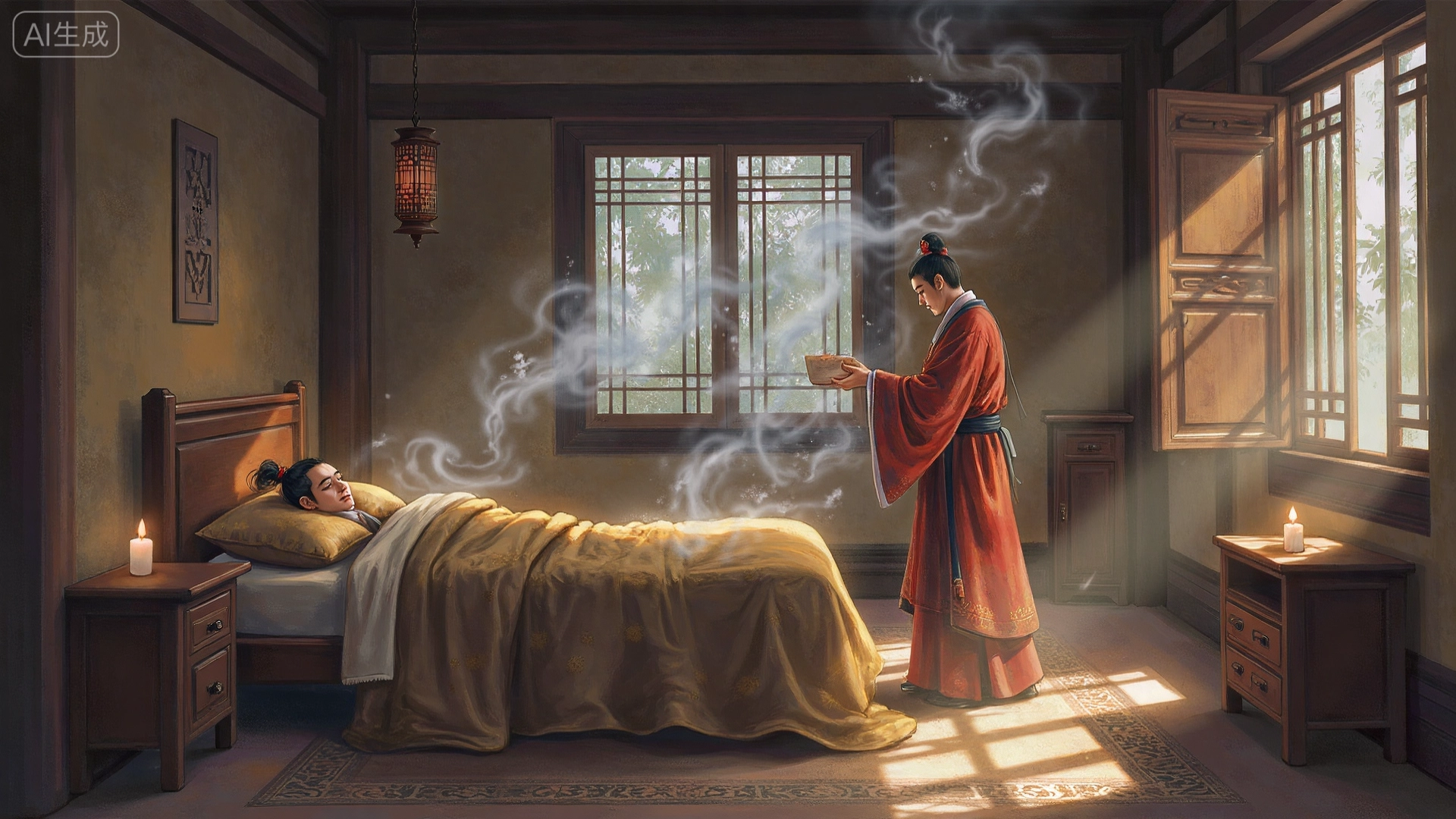 Illustration of a poor scholar meeting a Taoist priest who hands him a magical pillow.