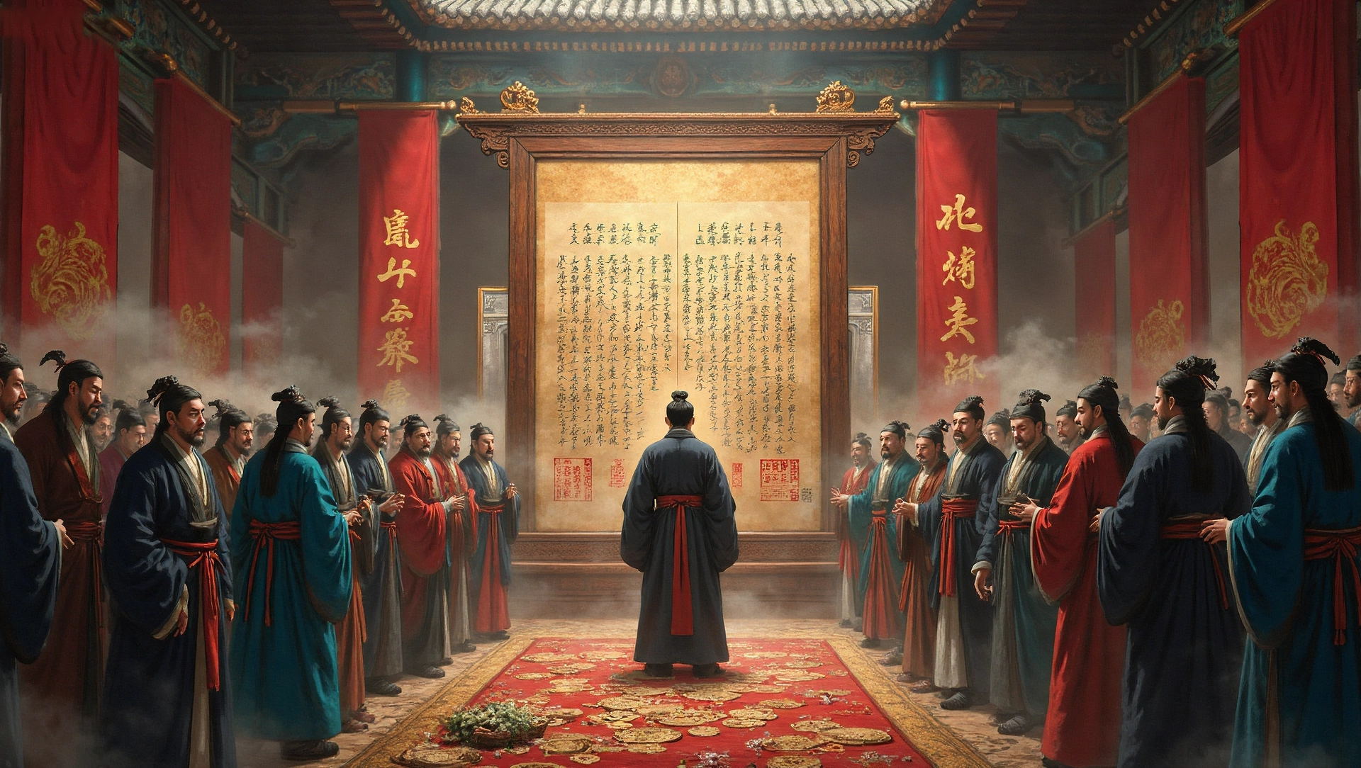 Illustration of wealthy merchant Lü Buwei in the Qin state, compiling Lü‘s Spring and Autumn with 3,000 scholars.