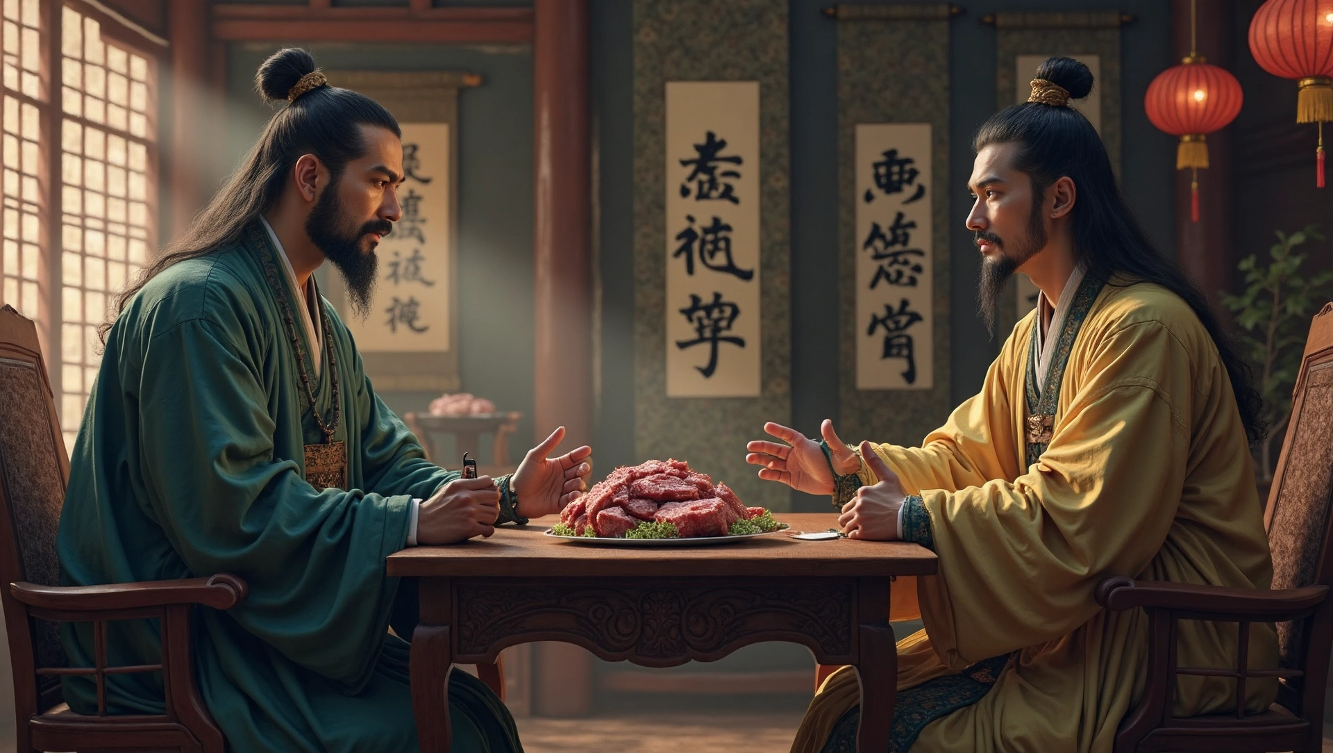 Illustration of Tang Feng carefully inspecting a gift, demonstrating the Chinese idiom 一丝不苟 (yī sī bù gǒu) meaning meticulous attention to detail.