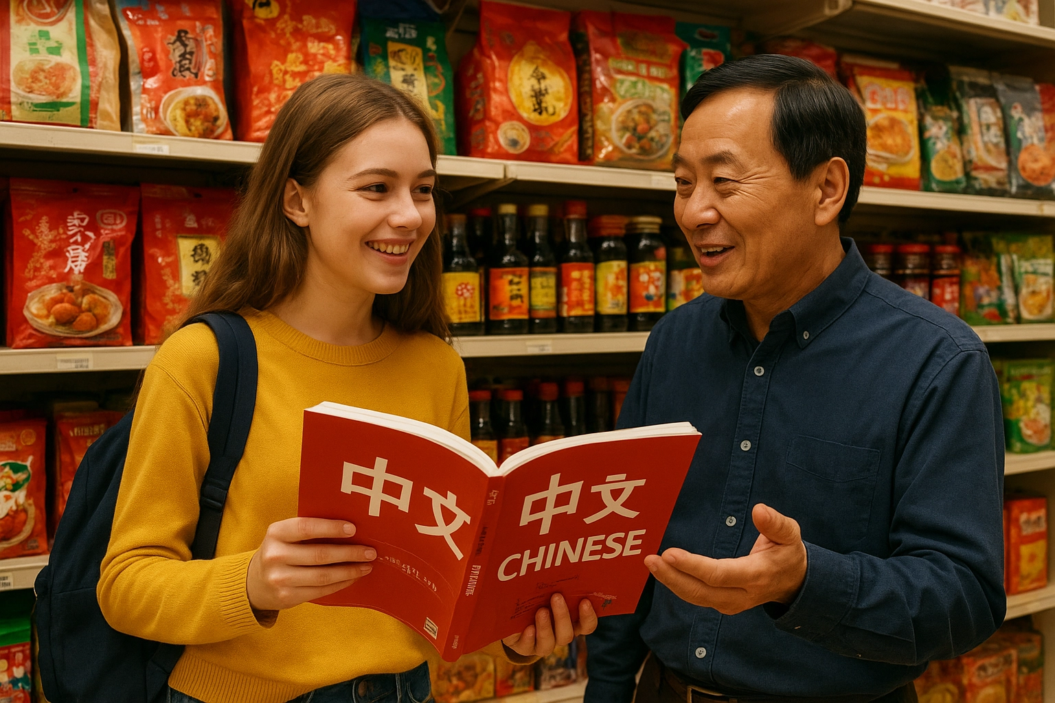Maria, a high school student, exploring a colorful Chinese grocery store for the first time, surrounded by tea, snacks, and Chinese labels.