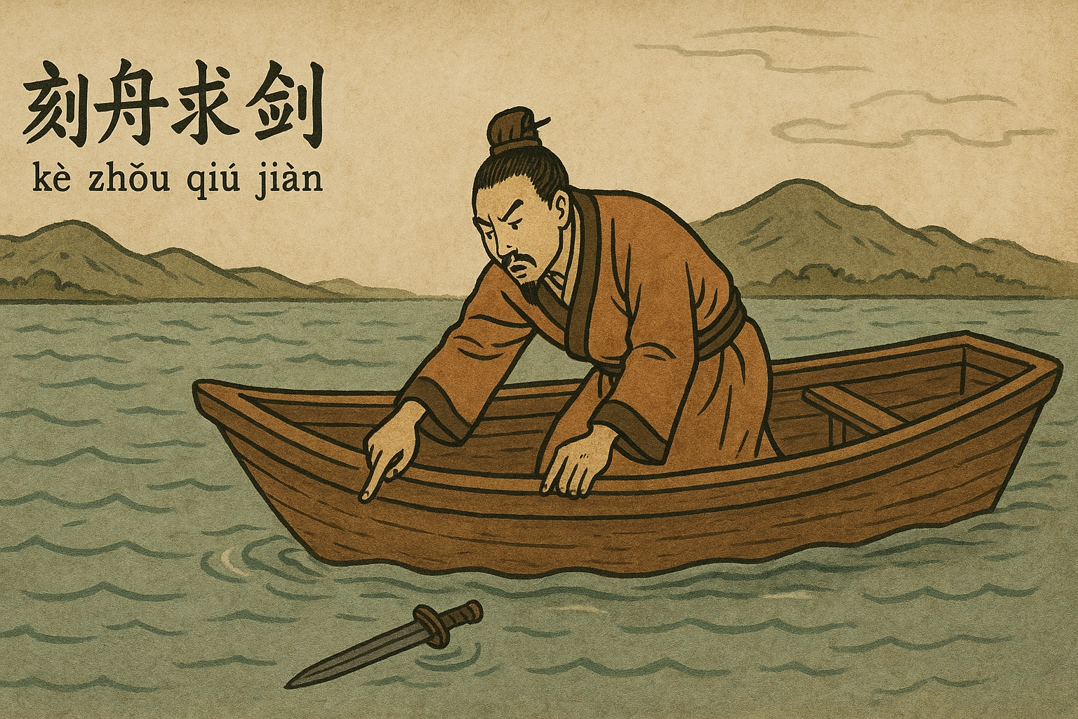 Illustration of the Chinese idiom 刻舟求剑 (kè zhōu qiú jiàn) showing a man from Chu carving a mark on his boat to find a sword he dropped in the river, symbolizing rigid thinking and inability to adapt to changing circumstances.