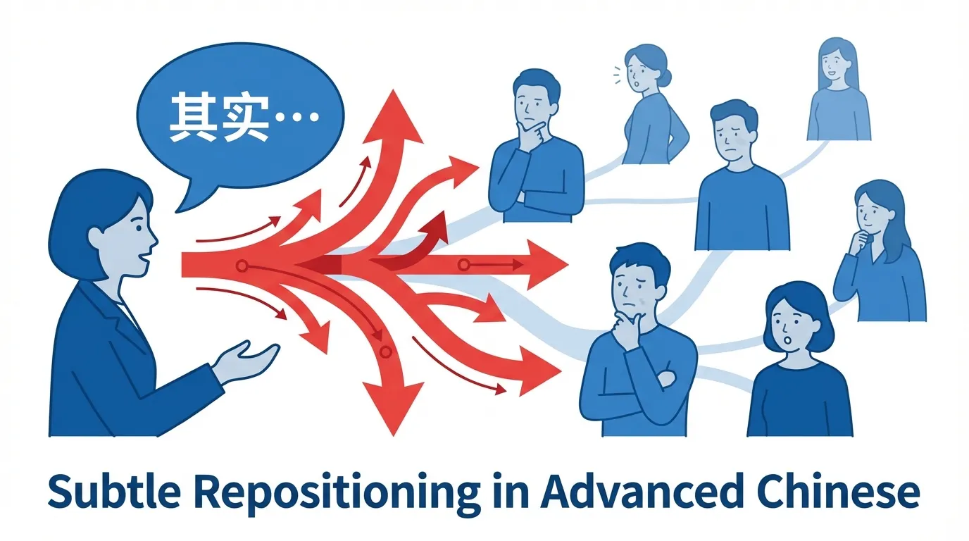 A Chinese conversation highlighting the phrase 其实 (qíshí) and its subtle influence on meaning, positioning, and authority in advanced Mandarin communication.