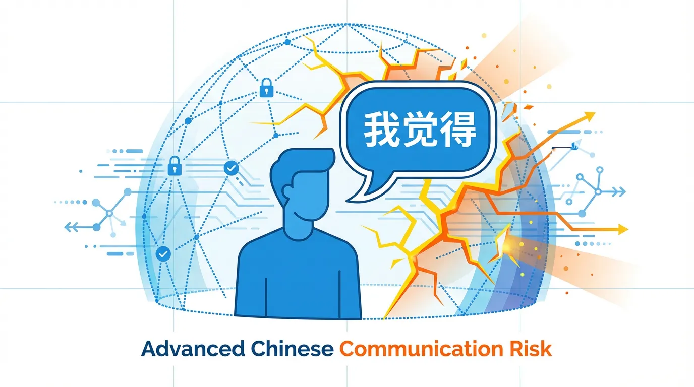 A professional Chinese discussion highlighting the phrase 我觉得 (wǒ juéde) and its impact on authority and positioning in advanced Mandarin communication.