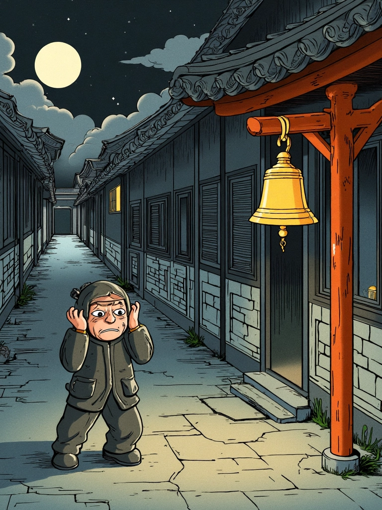 Illustration of the Chinese idiom 掩耳盗铃 (yǎn ěr dào líng), showing a man covering his ears while stealing a bell — symbolizing self-deception in Chinese culture and Mandarin learning.